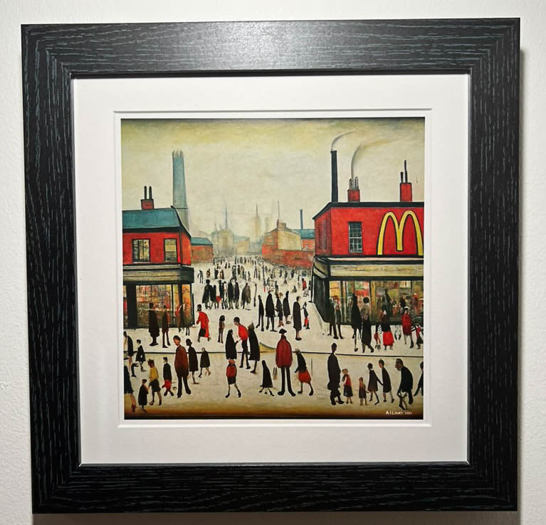 McDonalds - Impression d'art giclée 21 cm carré. Image nostalgique humoristique moderne dans le style de LS Lowry