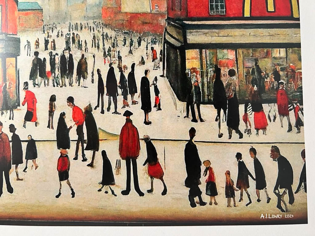McDonalds - Impression d'art giclée 21 cm carré. Image nostalgique humoristique moderne dans le style de LS Lowry