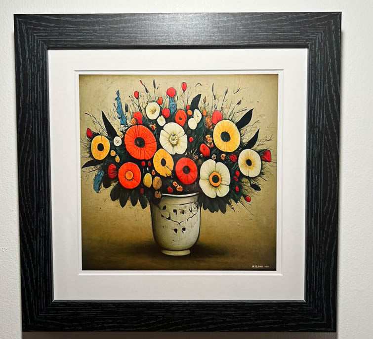 Bouquet of Flowers - Giclée Art Print 12" Square Black Framed. Endearing Image in the Style Of LS Lowry