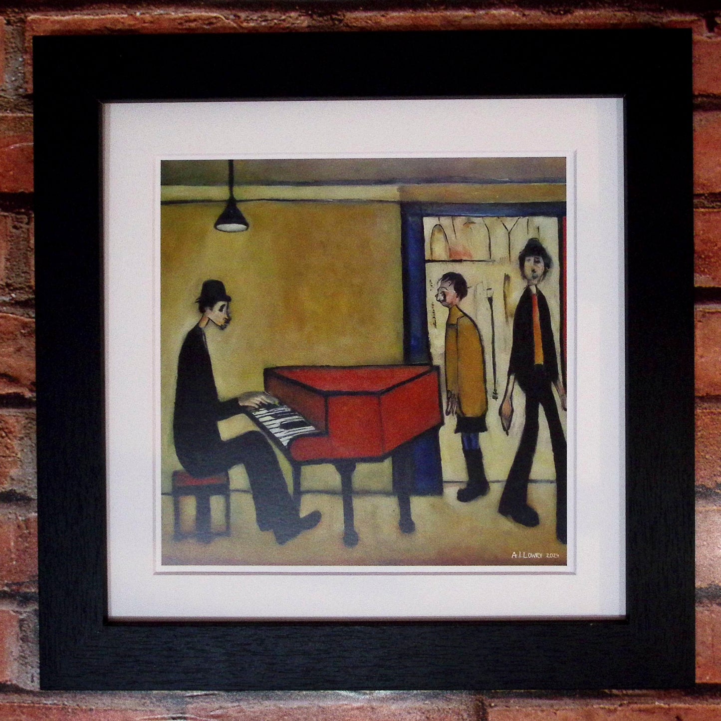 Piano Man - Giclée Art Print 12" Square Black Framed. Entertaining Image in the Style Of LS Lowry