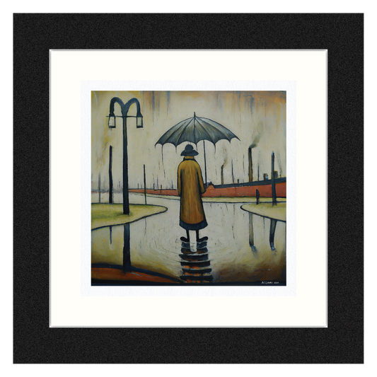 Beautiful British Day, Man in the Rain - Giclée Art Print 21cm Square. Glorious Image in the Style Of LS Lowry