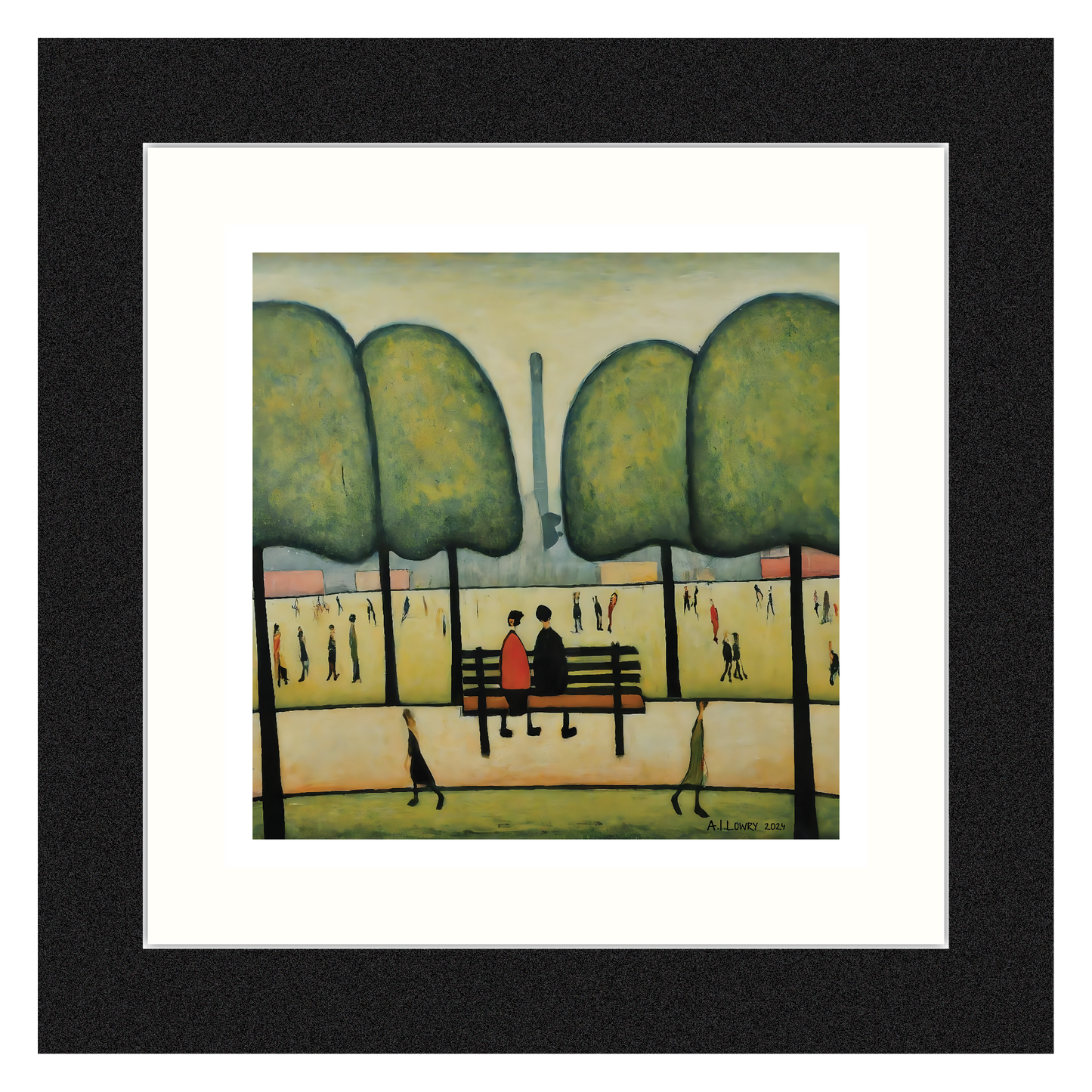 Sitting On A Bench Giclée Art Print 21cm Square. Tranquil Image in the Style Of LS Lowry