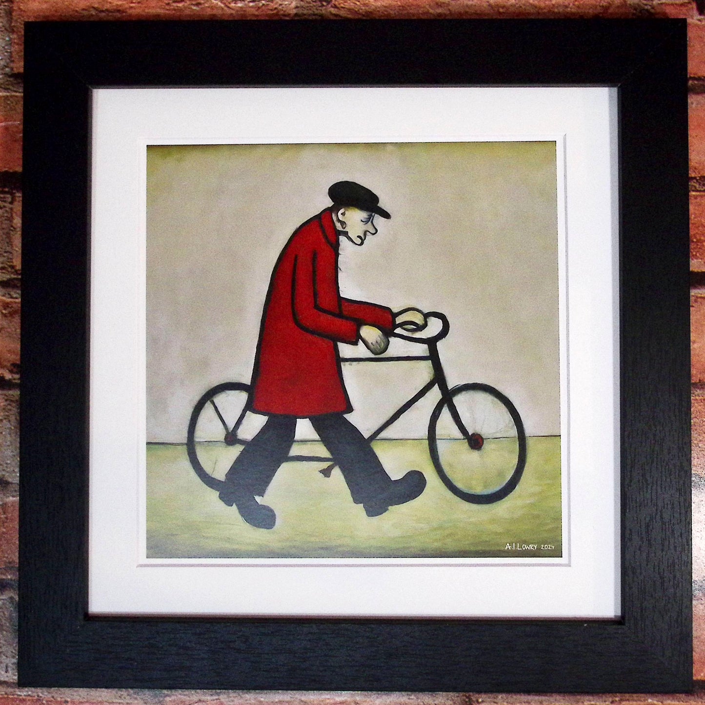 Homme à vélo - Impression d'art giclée 21 cm carré. Image charmante dans le style de LS Lowry