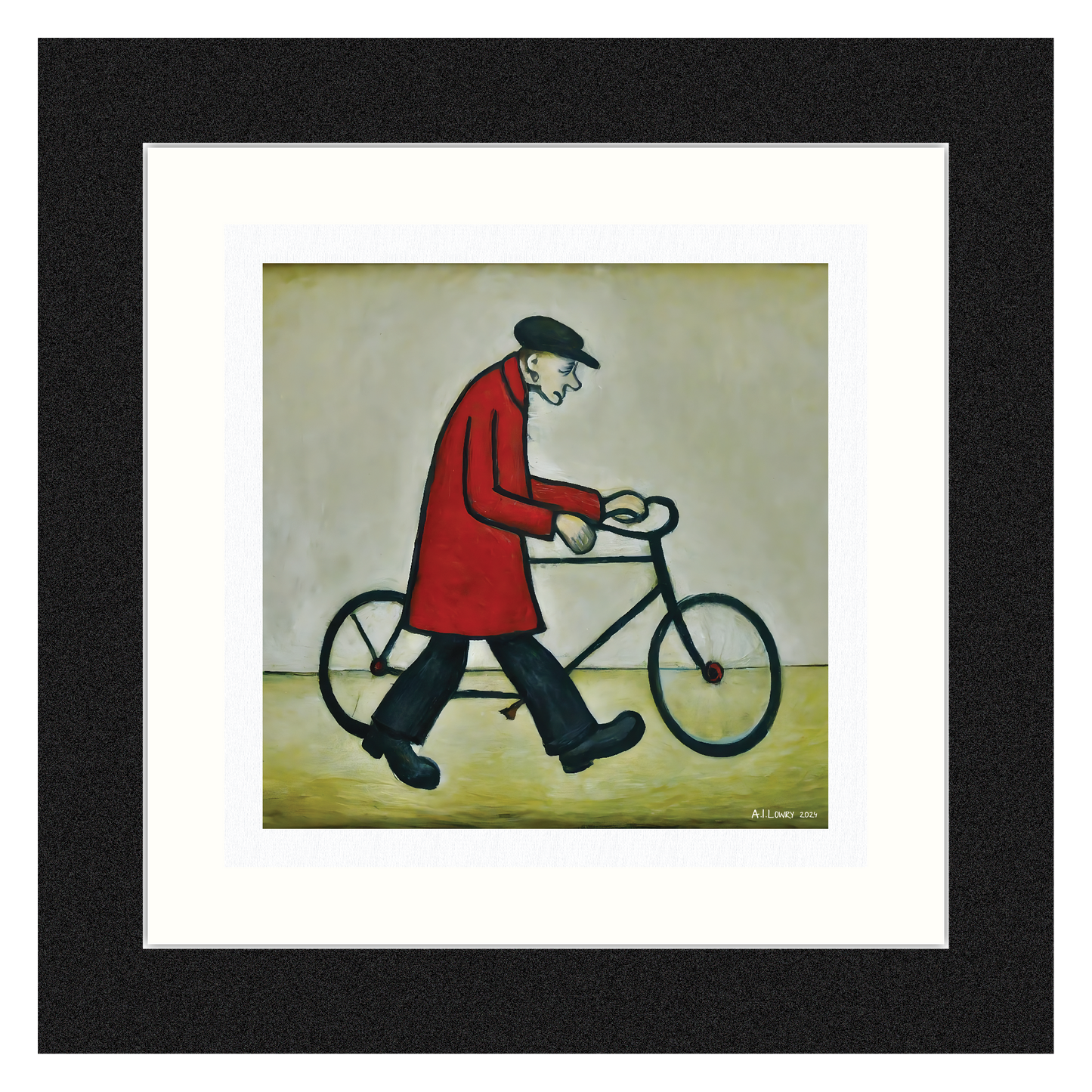 Homme à vélo - Impression d'art giclée 21 cm carré. Image charmante dans le style de LS Lowry