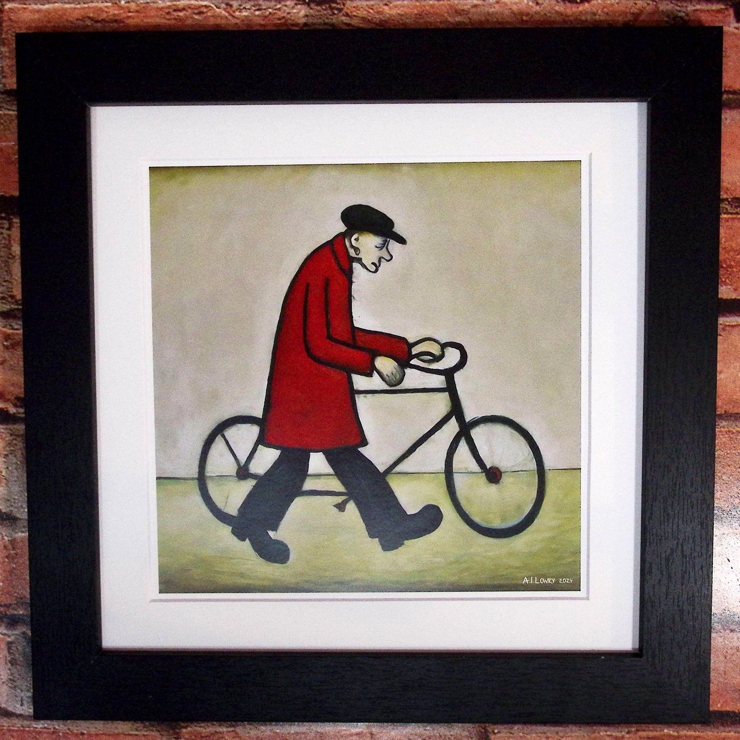Homme à vélo - Impression d'art giclée 21 cm carré. Image charmante dans le style de LS Lowry