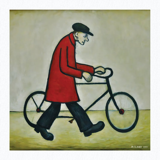 Homme à vélo - Impression d'art giclée 21 cm carré. Image charmante dans le style de LS Lowry