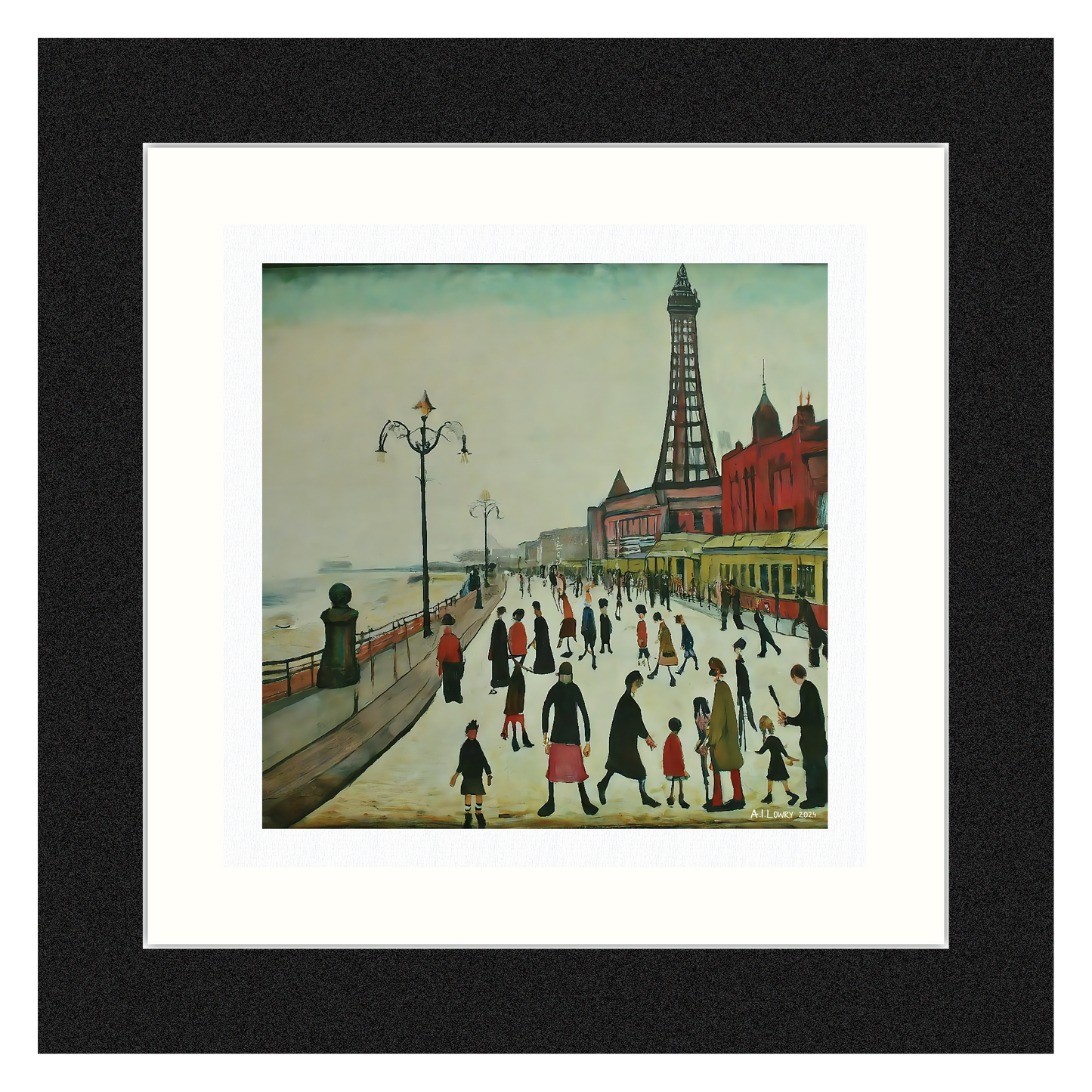 Blackpool Front Giclée Art Print 12" Black Square framed. Enchanting Image in the Style Of LS Lowry