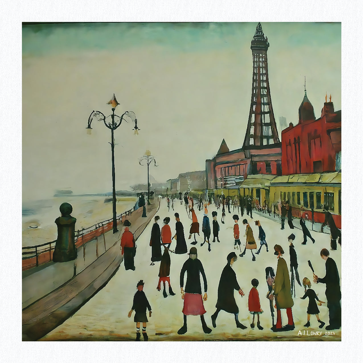 Blackpool Front Giclée Art Print 12" Black Square framed. Enchanting Image in the Style Of LS Lowry