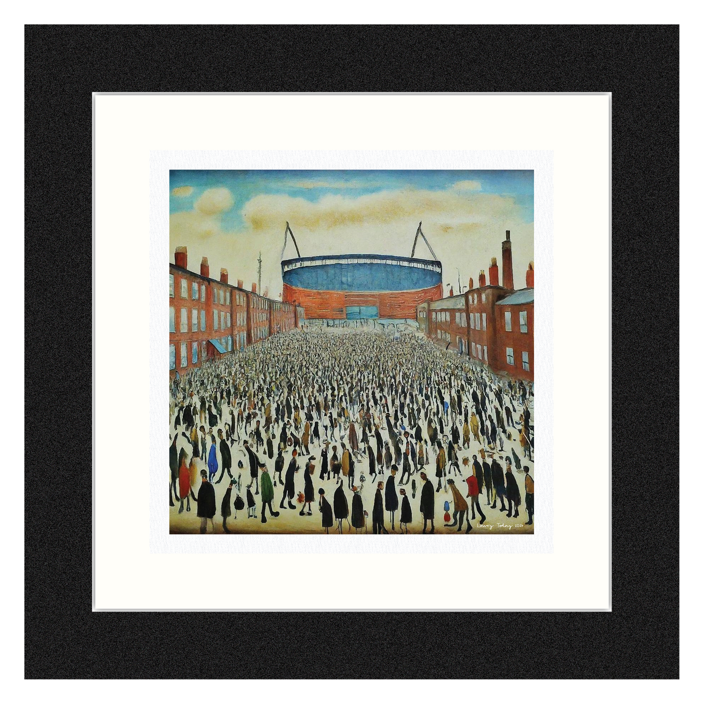 The "Blue" Stadium - Giclée Art Print 12" Square Framed. Stylish Image in the Style Of LS Lowry. Ideal Gift.