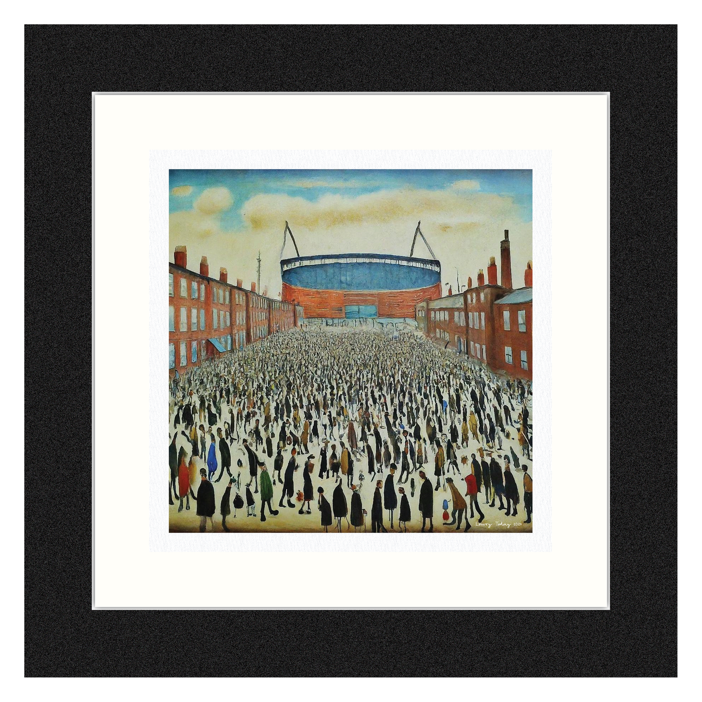 The "Blue" Stadium - Giclée Art Print 12" Square Framed. Stylish Image in the Style Of LS Lowry. Ideal Gift.