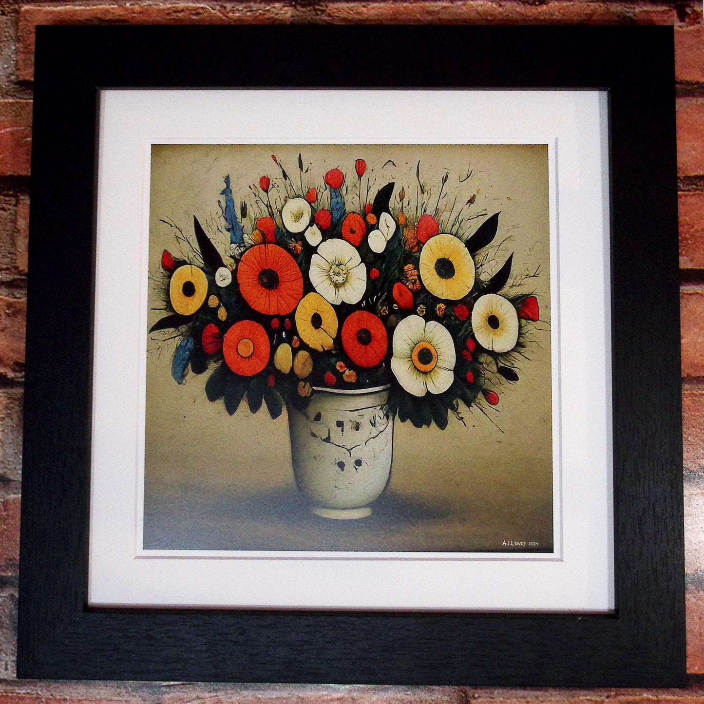 Bouquet of Flowers - Giclée Art Print 12" Square Black Framed. Endearing Image in the Style Of LS Lowry