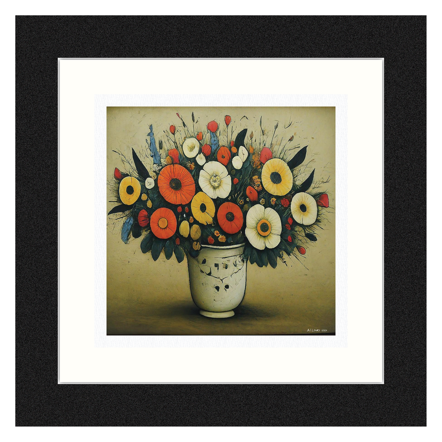 Bouquet of Flowers - Giclée Art Print 12" Square Black Framed. Endearing Image in the Style Of LS Lowry