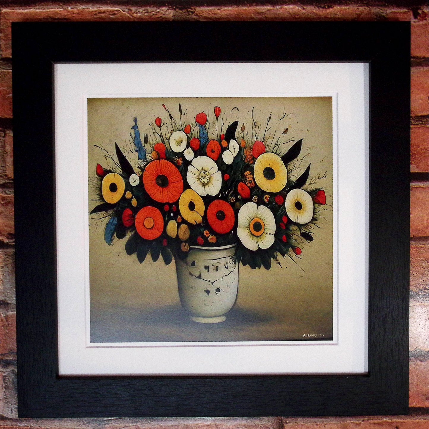 Bouquet of Flowers - Giclée Art Print 12" Square Black Framed. Endearing Image in the Style Of LS Lowry
