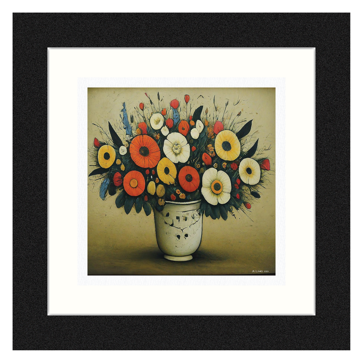 Bouquet of Flowers - Giclée Art Print 12" Square Black Framed. Endearing Image in the Style Of LS Lowry