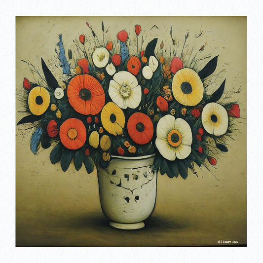 Bouquet of Flowers - Giclée Art Print 12" Square Black Framed. Endearing Image in the Style Of LS Lowry
