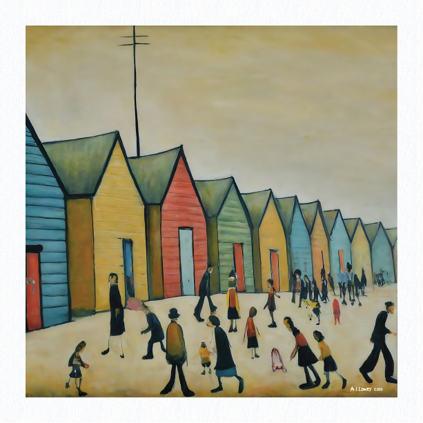 Brighton Beach Huts - Impression d'art giclée 21 cm carré. Image attachante dans le style de LS Lowry