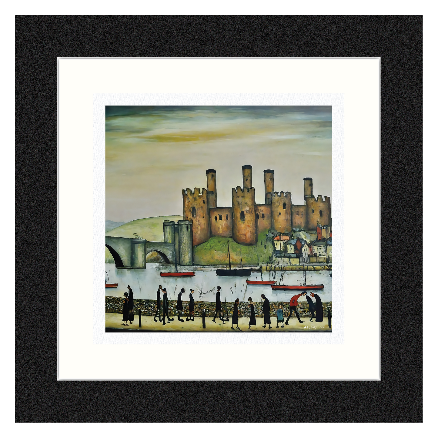 Château de Conwy - Impression d'art giclée 21 cm carré. Image classique du château gallois dans le style de LS Lowry