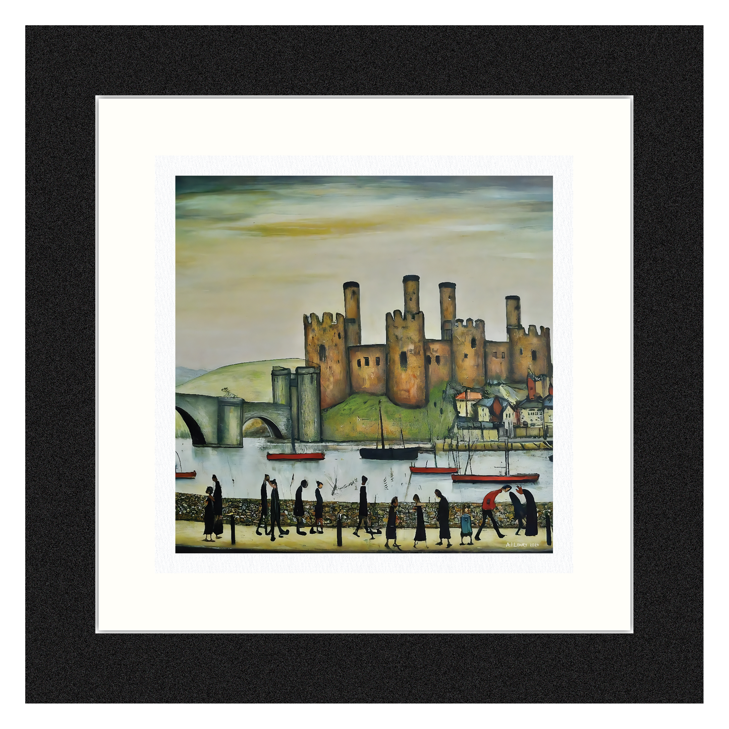 Château de Conwy - Impression d'art giclée 21 cm carré. Image classique du château gallois dans le style de LS Lowry