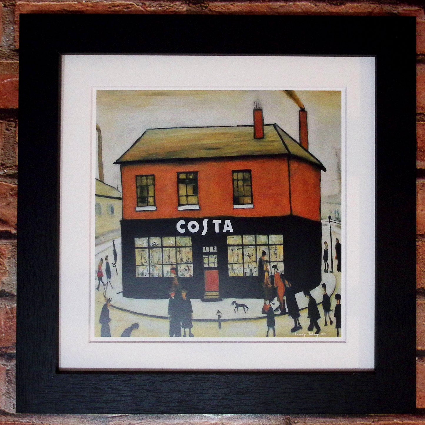 Costa Coffee - Giclée Art Print 12" Square Black Frame. Stylish Image in the Style Of LS Lowry. Ideal Gift.