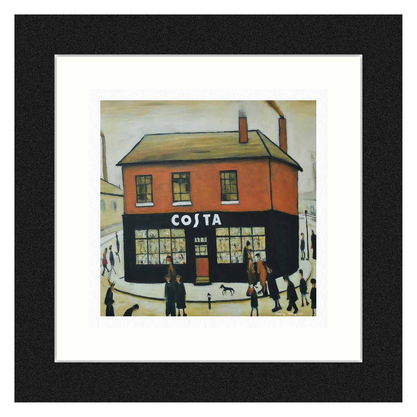 Costa Coffee - Giclée Art Print 12" Square Black Frame. Stylish Image in the Style Of LS Lowry. Ideal Gift.