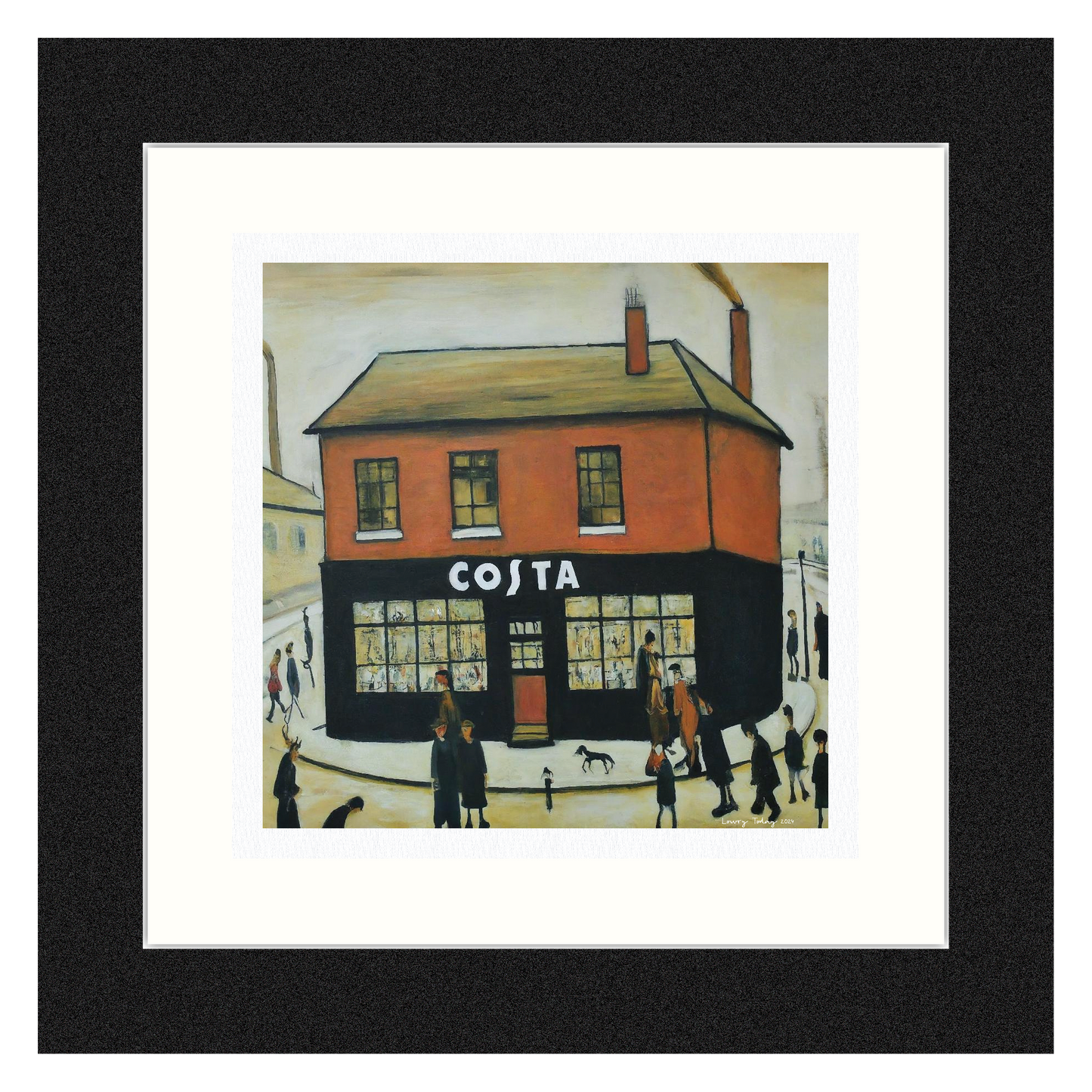 Costa Coffee - Giclée Art Print 12" Square Black Frame. Stylish Image in the Style Of LS Lowry. Ideal Gift.