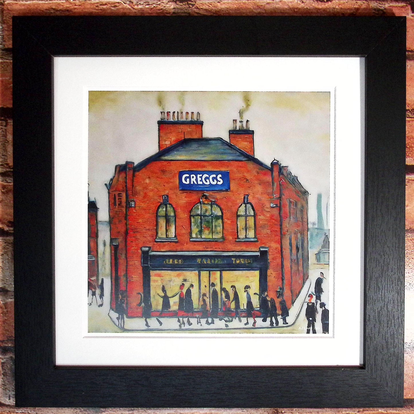 Greggs - Giclée Art Print 12" Square Framed. Modern Nostalgia Image in the Style Of LS Lowry