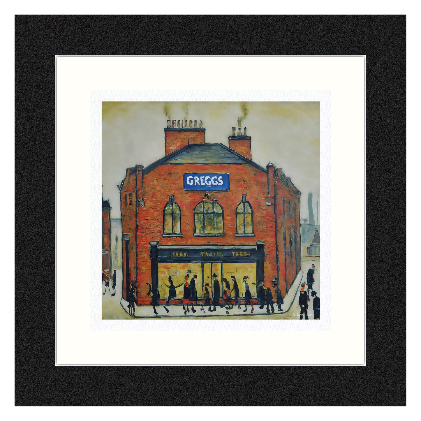 Greggs - Giclée Art Print 12" Square Framed. Modern Nostalgia Image in the Style Of LS Lowry