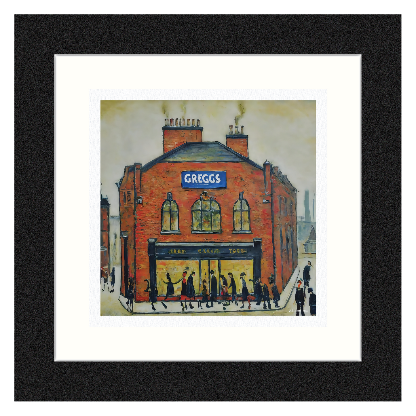 Greggs - Giclée Art Print 12" Square Framed. Modern Nostalgia Image in the Style Of LS Lowry