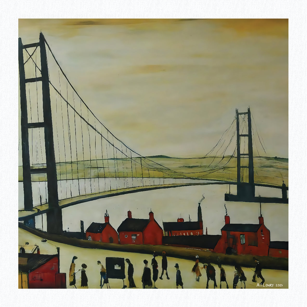 Humber Bridge - Giclée Art Print 21cm Square. Breathtaking Image in the Style Of LS Lowry