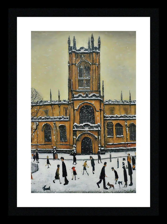 Snowy Manchester Cathedral - A4 Size Giclée Art Print. Lowry Style Art Print. Available Framed and Unframed.