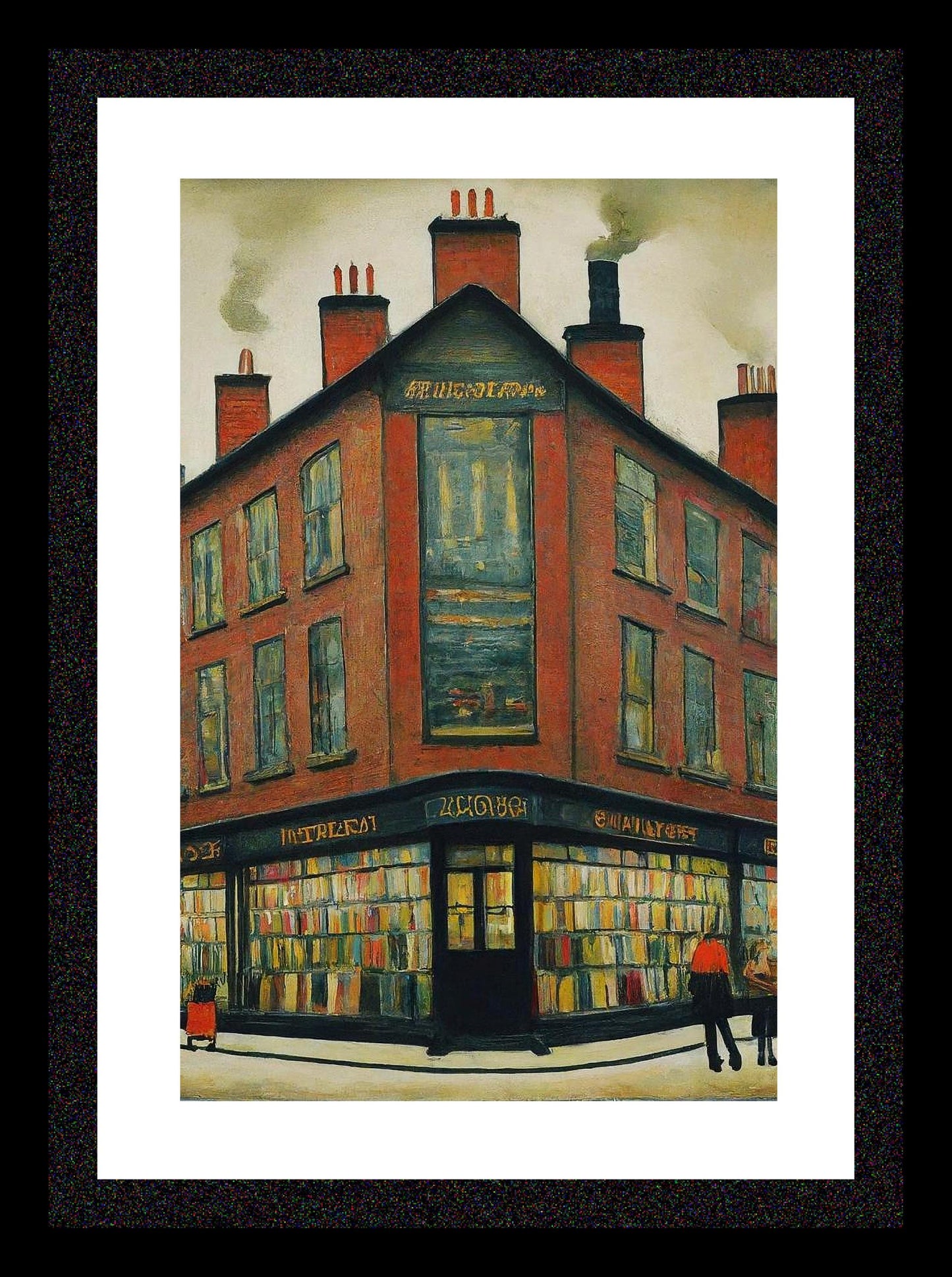 Bookshop - A4 Size Giclée Art Print. Lowry Style Art Print. Available Framed and Unframed.