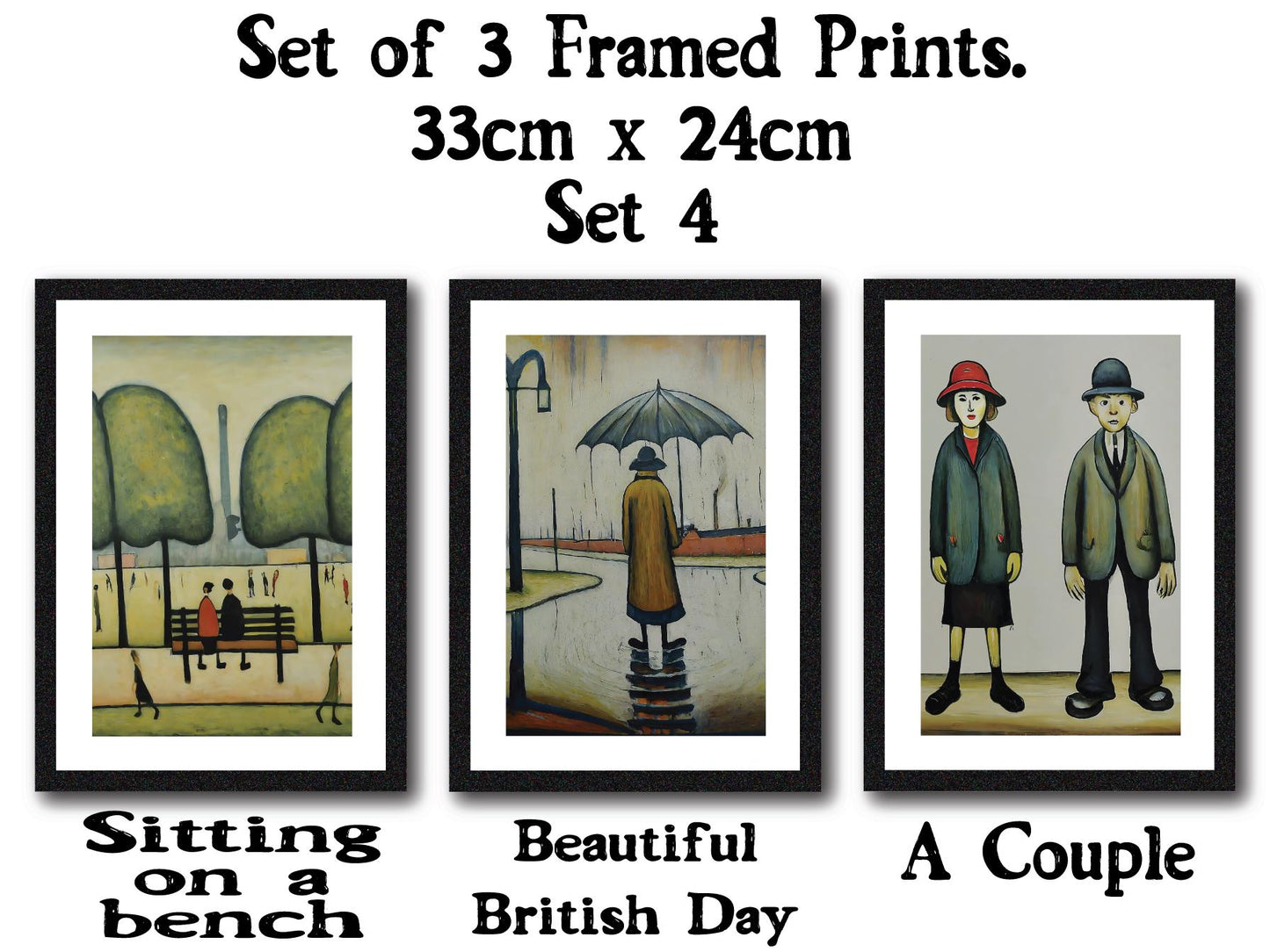 Set of 3 Black Framed Lowry Style Art Prints 33 x 24cm. Wall Mountable or Free Standing, Choice of Ten Sets. Made in The UK.