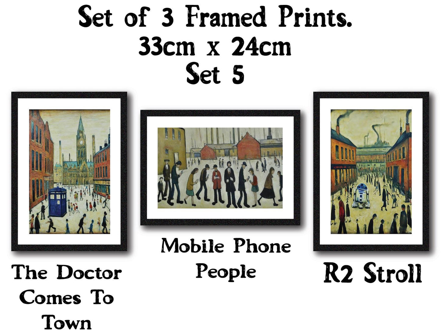 Set of 3 Black Framed Lowry Style Art Prints 33 x 24cm. Wall Mountable or Free Standing, Choice of Ten Sets. Made in The UK.