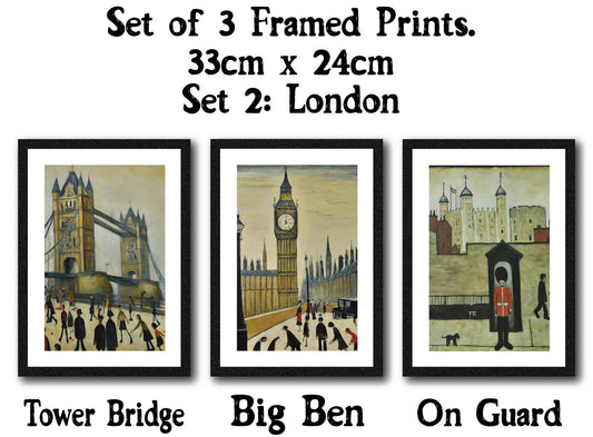 Set of 3 Black Framed Lowry Style Art Prints 33 x 24cm. Wall Mountable or Free Standing, Choice of Ten Sets. Made in The UK.