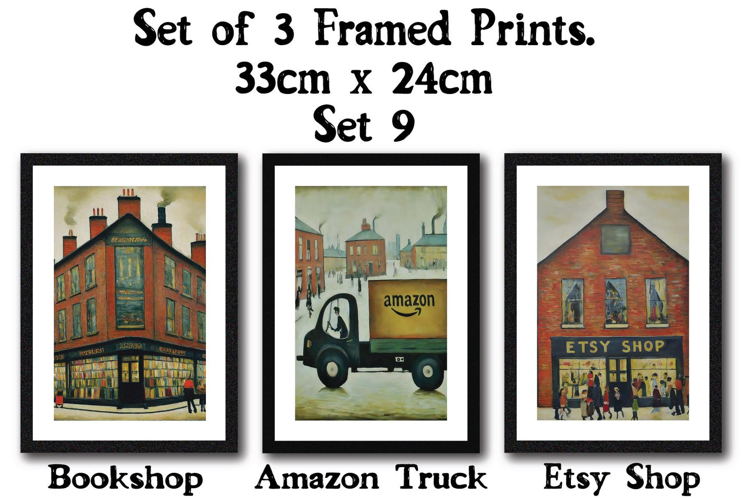 Set of 3 Black Framed Lowry Style Art Prints 33 x 24cm. Wall Mountable or Free Standing, Choice of Ten Sets. Made in The UK.