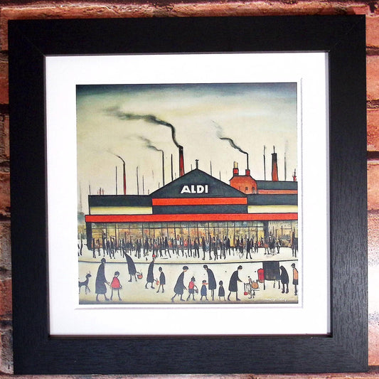 Aldi - Giclée Art Print 21cm Square. Modern Fun Print in the Style Of LS Lowry. Framed or Unframed.
