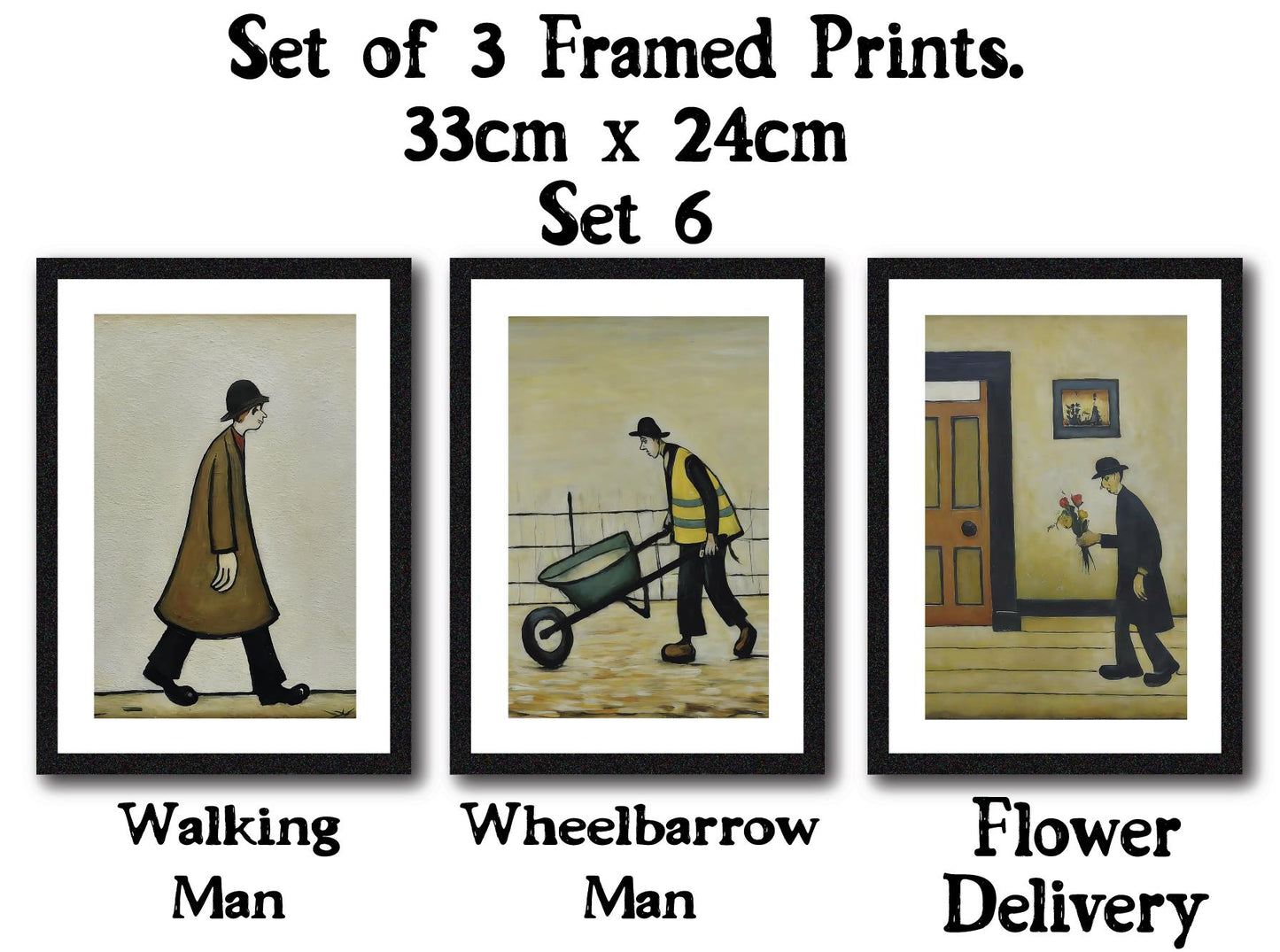 Set of 3 Black Framed Lowry Style Art Prints 33 x 24cm. Wall Mountable or Free Standing, Choice of Ten Sets. Made in The UK.
