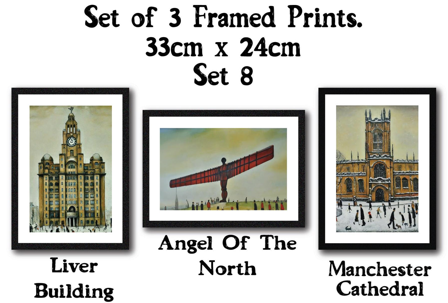 Set of 3 Black Framed Lowry Style Art Prints 33 x 24cm. Wall Mountable or Free Standing, Choice of Ten Sets. Made in The UK.