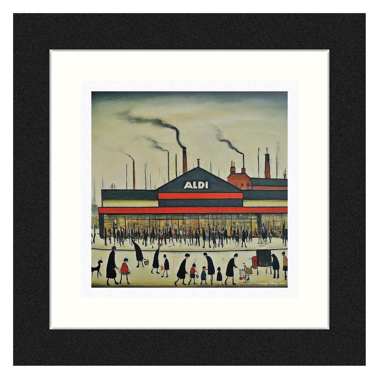 Aldi - Giclée Art Print 21cm Square. Modern Fun Print in the Style Of LS Lowry. Framed or Unframed.