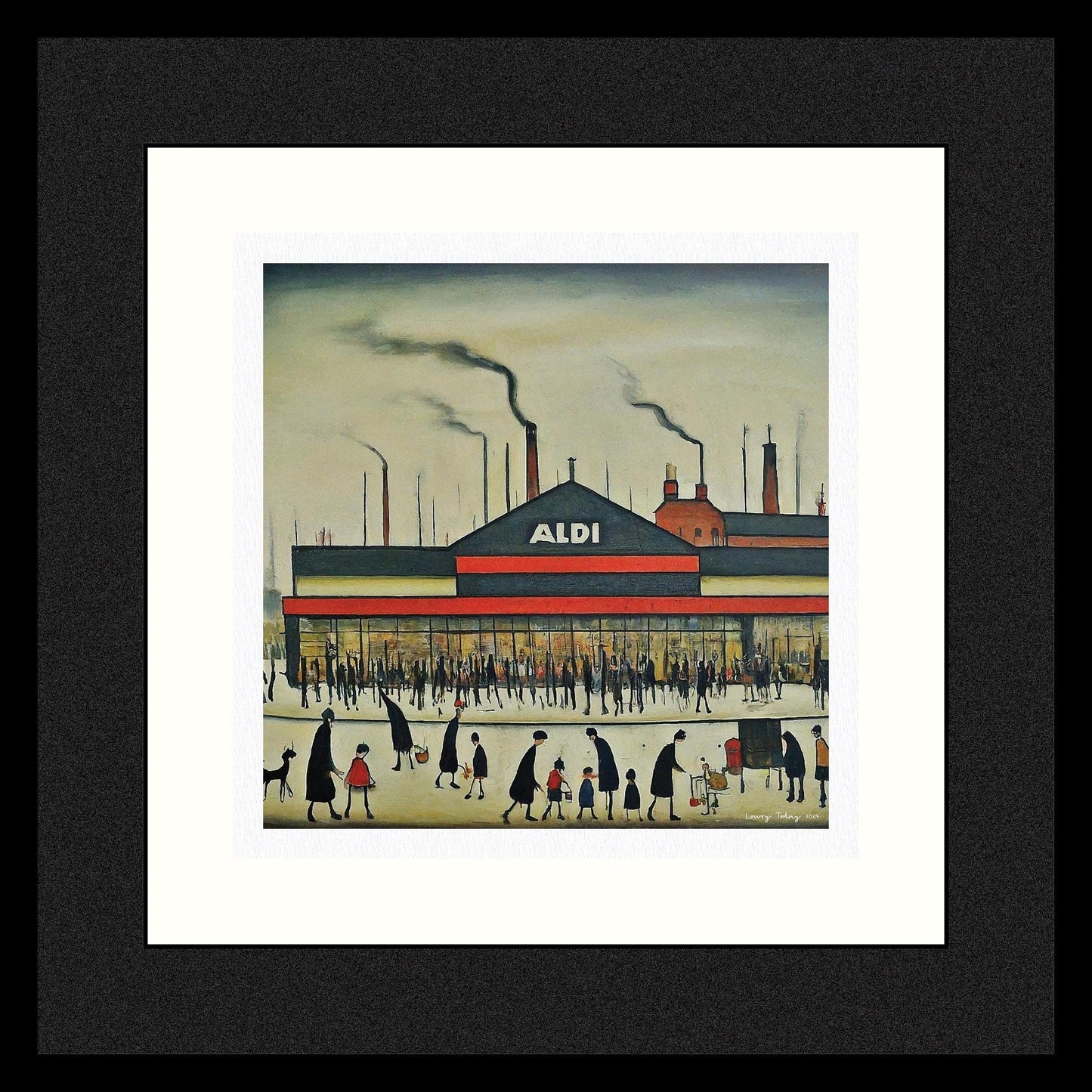 Aldi - Giclée Art Print 21cm Square. Modern Fun Print in the Style Of LS Lowry. Framed or Unframed.