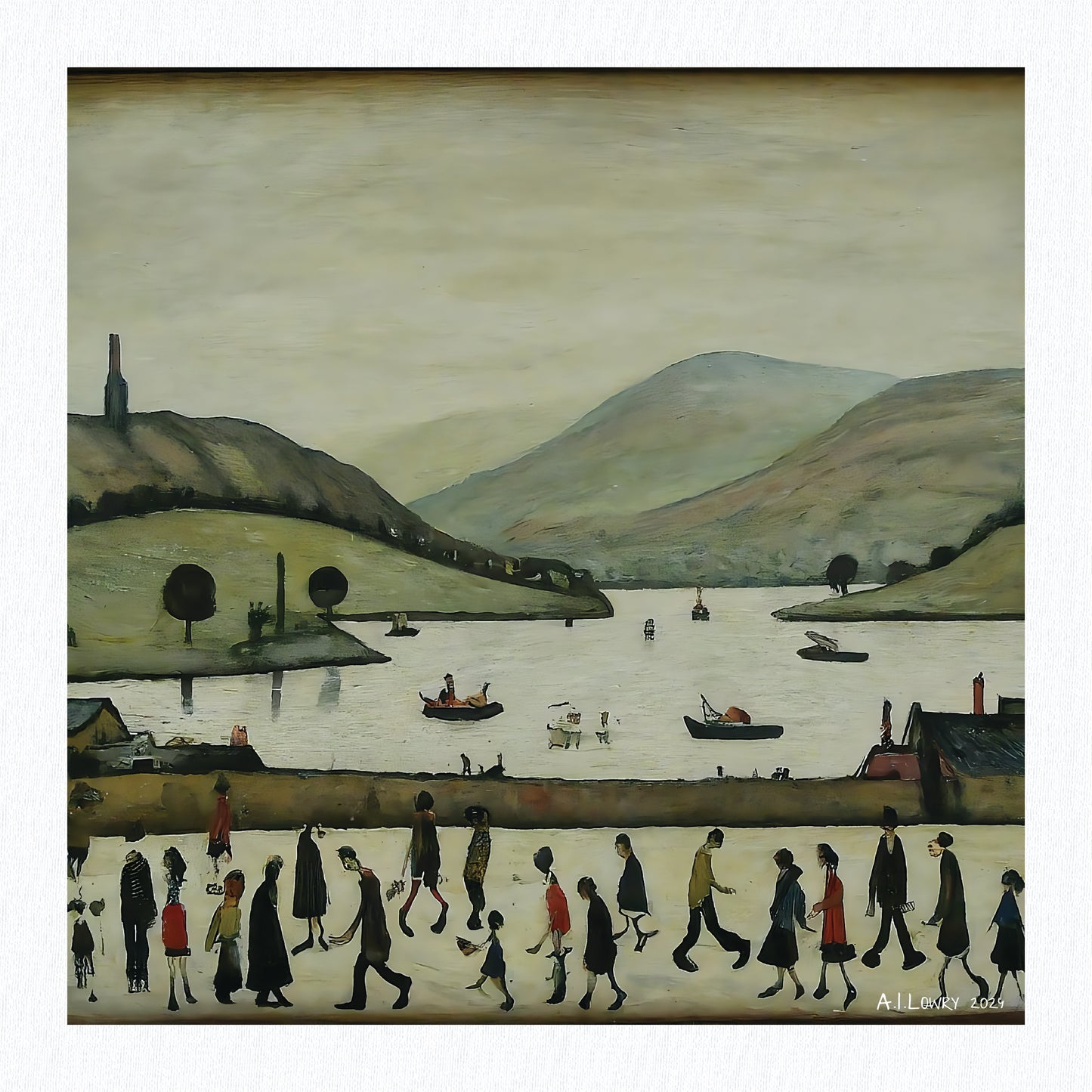 Lac Windermere - Impression d'art giclée 21 cm carré. Image gracieuse dans le style de LS Lowry