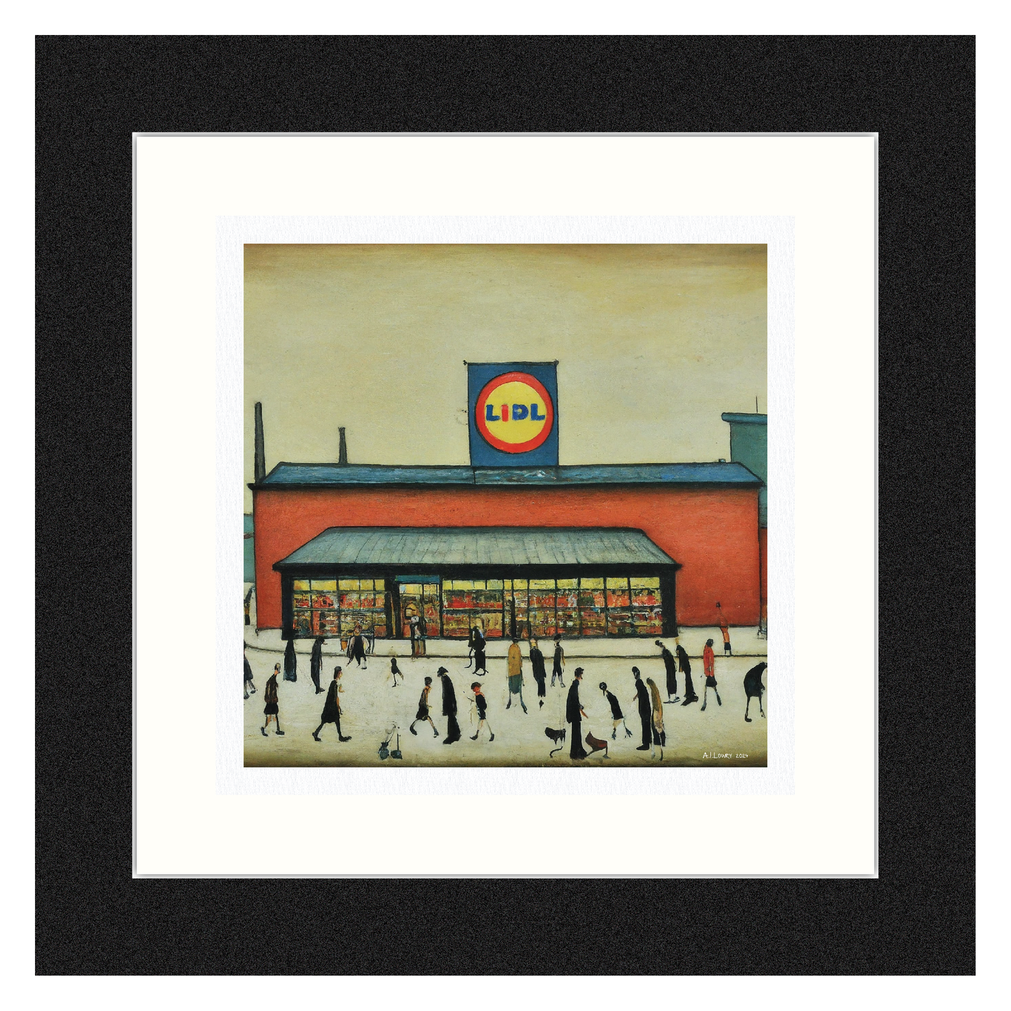 Lidl - Impression d'art giclée 21 cm carré. Image nostalgique humoristique moderne dans le style de LS Lowry