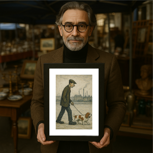 Man Walking Dog - A4 Size Giclée Art Print. Lowry Style Art Print. Available Framed and Unframed.