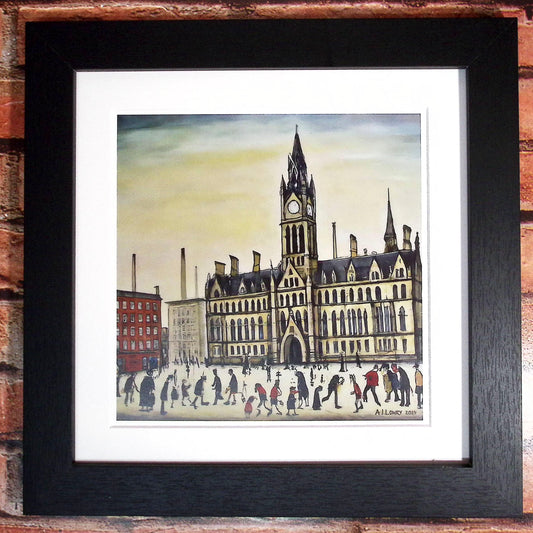 Manchester Town Hall - Giclée Art Print 21cm Square. Attractive Image in the Style Of LS Lowry