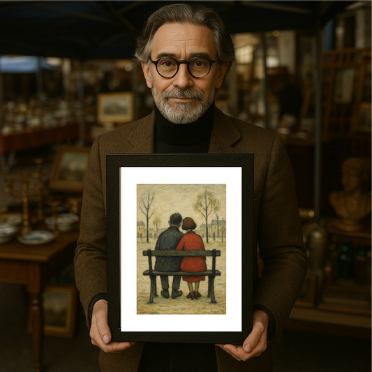 Couple On A Bench - A4 Size Giclée Art Print. Lowry Style Art Print. Available Framed and Unframed.