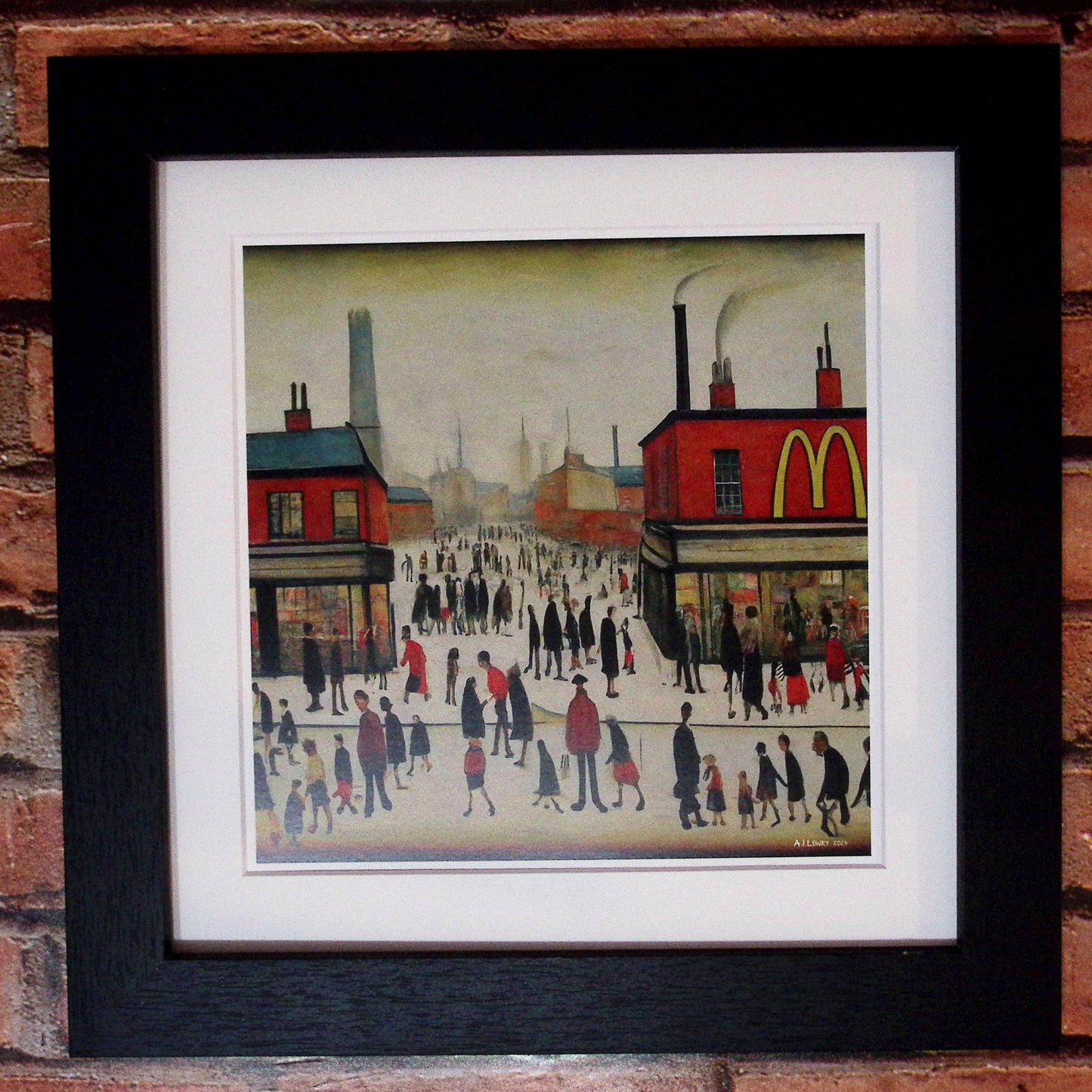 McDonalds - Impression d'art giclée 21 cm carré. Image nostalgique humoristique moderne dans le style de LS Lowry