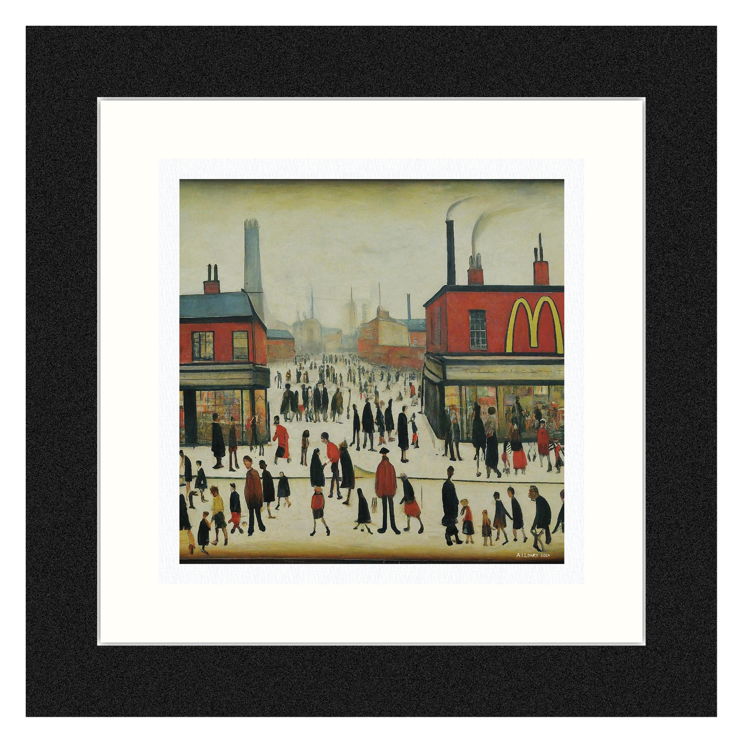 McDonalds - Impression d'art giclée 21 cm carré. Image nostalgique humoristique moderne dans le style de LS Lowry