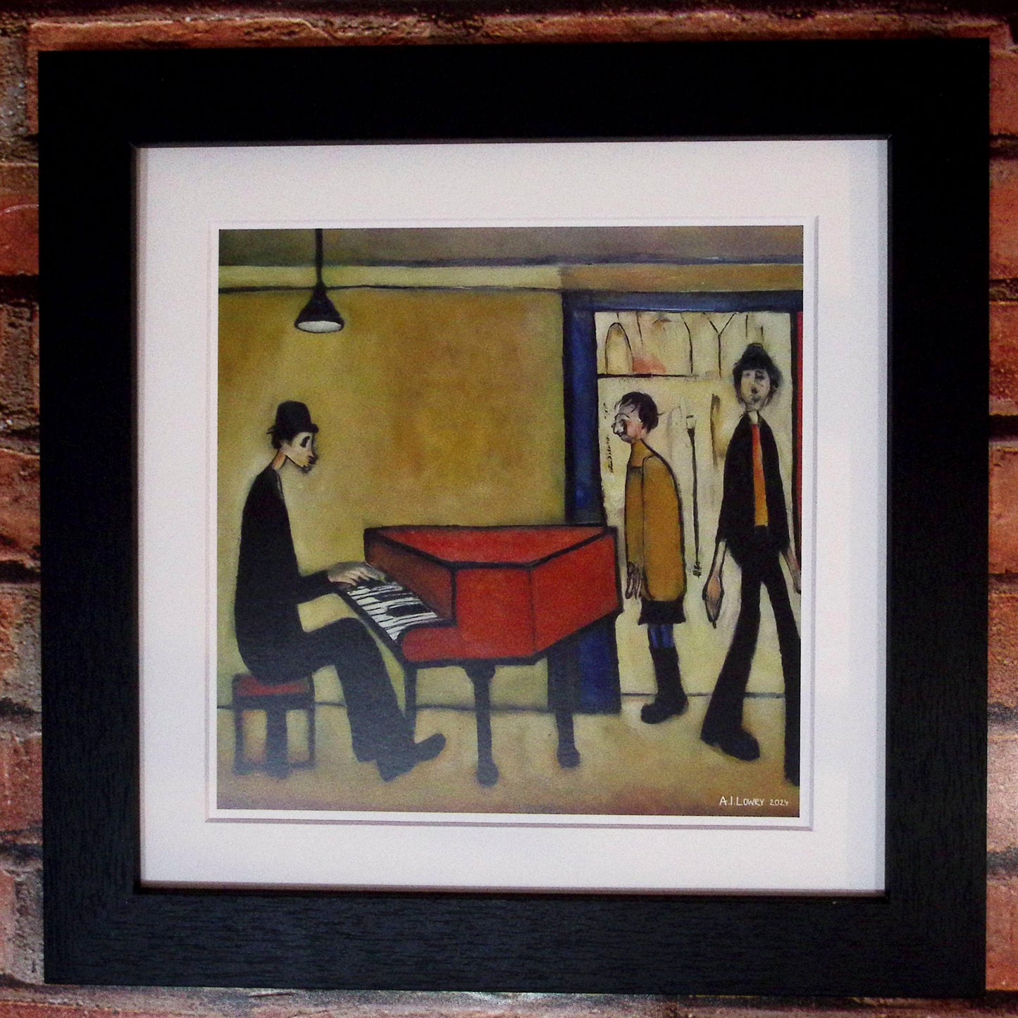 Piano Man - Giclée Art Print 12" Square Black Framed. Entertaining Image in the Style Of LS Lowry
