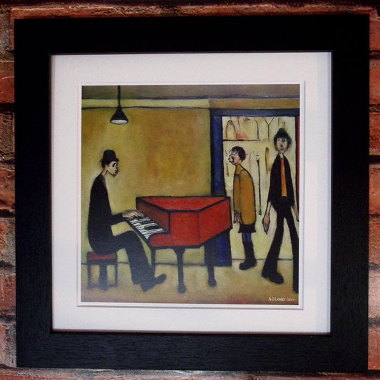 Piano Man - Impression d'art giclée 21 cm carré. Image divertissante dans le style de LS Lowry