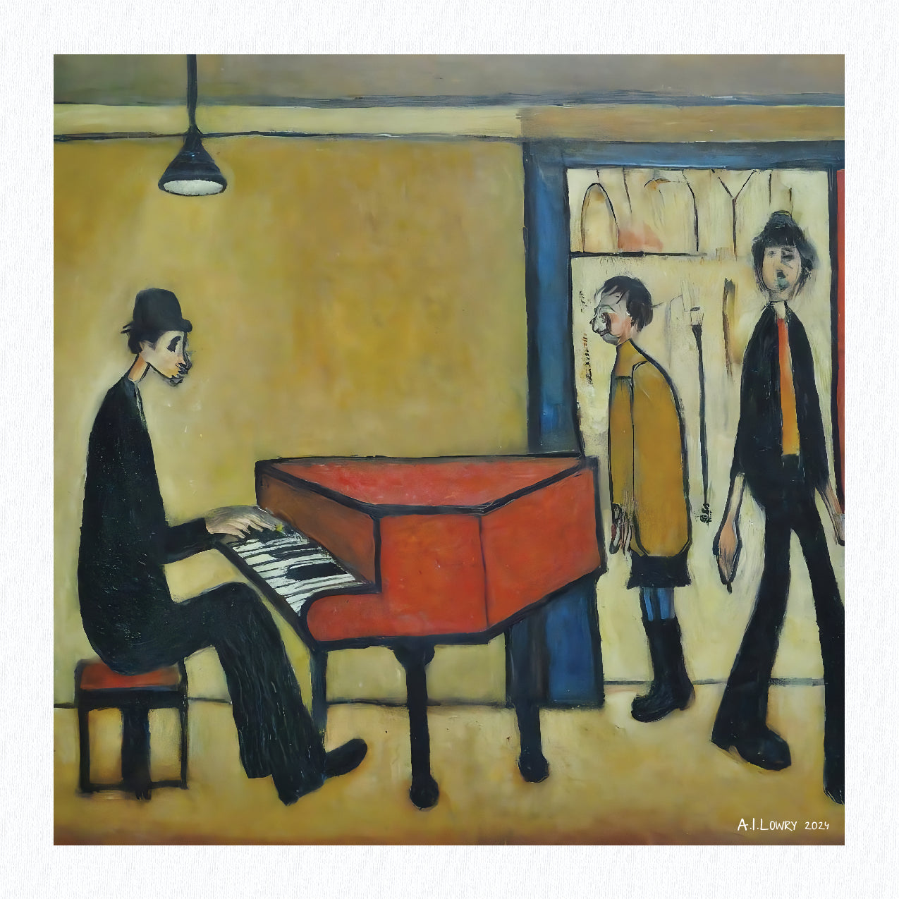 Piano Man - Giclée Art Print 12" Square Black Framed. Entertaining Image in the Style Of LS Lowry